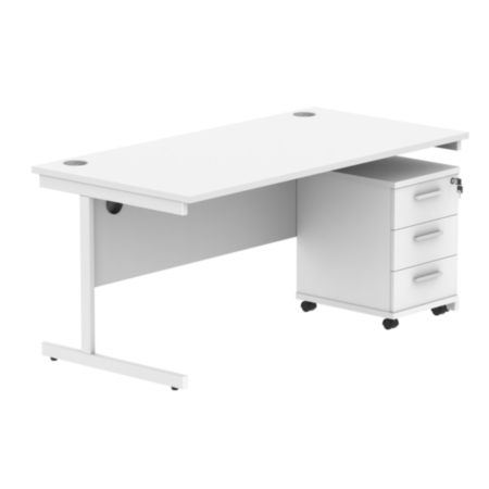 Single Upright Rectangular Desk + 3 Drawer Mobile Under Desk Pedestal | 1600X800 | Arctic White/White