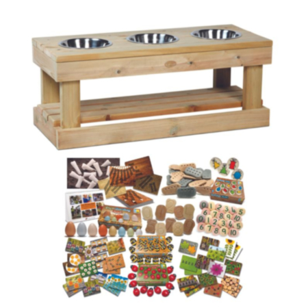 Millhouse Outdoor Early Years Wooden Potion Bench plus Outdoor Maths Kit 