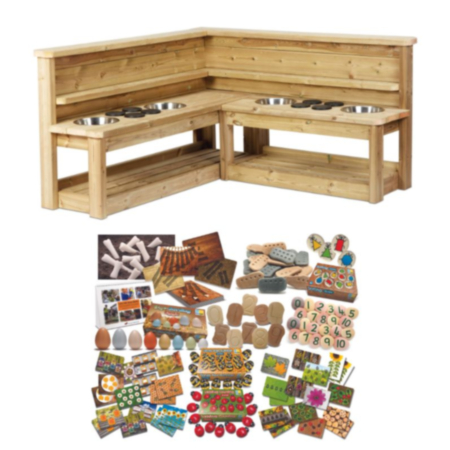 Millhouse Outdoor Early Years Wooden Corner Kitchen plus Outdoor Maths Kit 