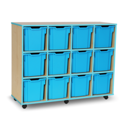 Mobile Coloured Edge Classroom Tray Storage Unit - Maple with 12 Cyan Quad Trays