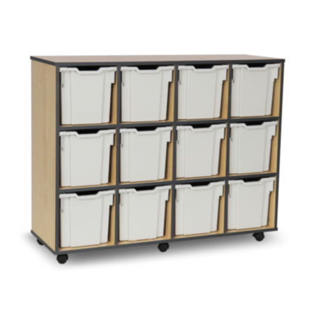 Mobile Coloured Edge Classroom Tray Storage Unit - Maple with 12 Grey Quad Trays