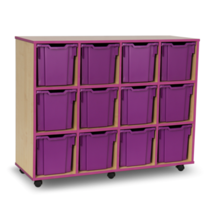 Mobile Coloured Edge Classroom Tray Storage Unit - Maple with 12 Purple Quad Trays