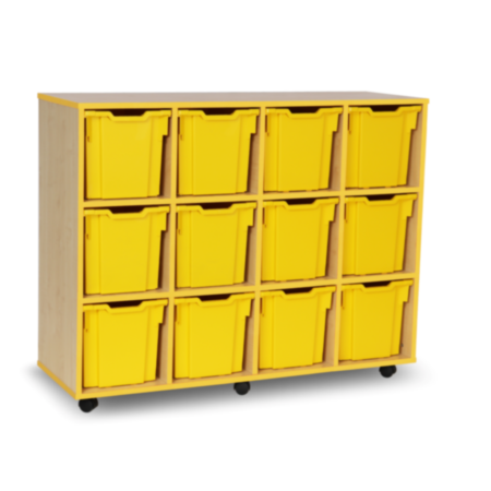 Mobile Coloured Edge Classroom Tray Storage Unit - Maple with 12 Yellow Quad Trays