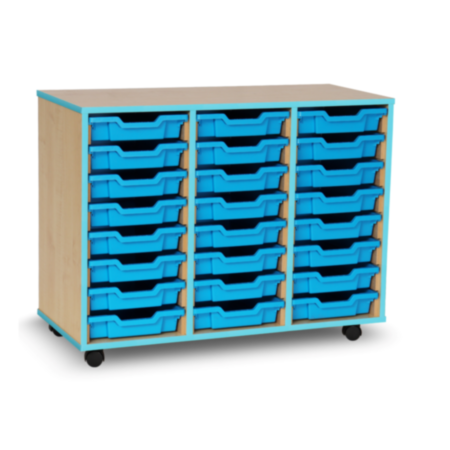 Mobile Coloured Edge Classroom Tray Storage Unit - Maple with 24 Cyan Single Trays