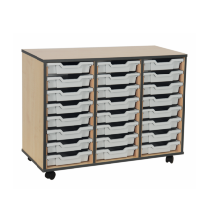 Mobile Coloured Edge Classroom Tray Storage Unit - Maple with 24 Grey Single Trays