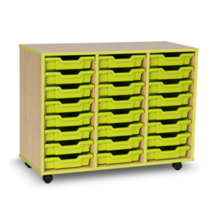 Mobile Coloured Edge Classroom Tray Storage Unit - Maple with 24 Lime Single Trays