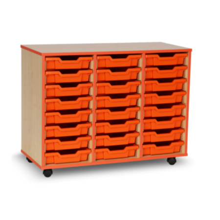 Mobile Coloured Edge Classroom Tray Storage Unit - Maple with 24 Tangerine Single Trays
