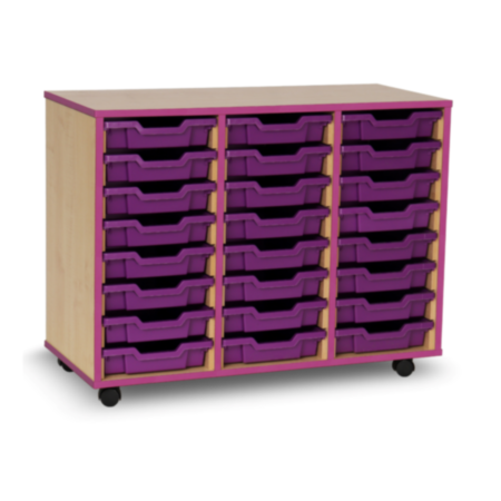 Mobile Coloured Edge Classroom Tray Storage Unit - Maple with 24 Purple Single Trays