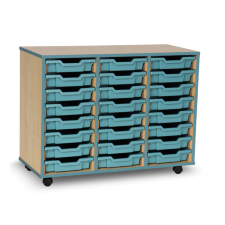 Mobile Coloured Edge Classroom Tray Storage Unit - Maple with 24 Steel Blue Single Trays