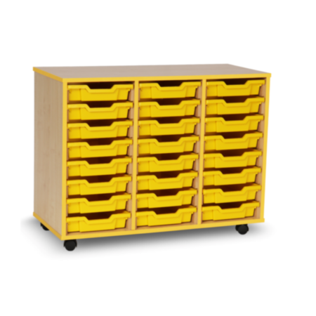 Mobile Coloured Edge Classroom Tray Storage Unit - Maple with 24 Yellow Single Trays
