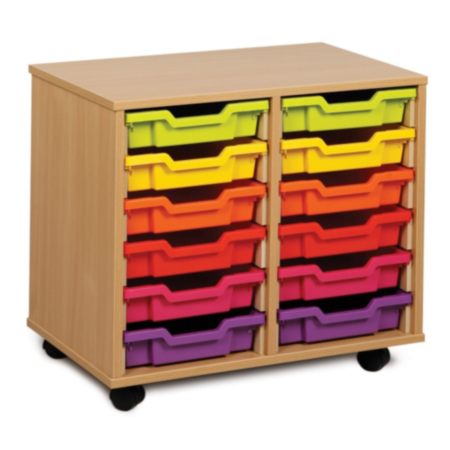 Monarch Mobile Classroom Double Bay Storage Unit - Beech with 12 Single Trays
