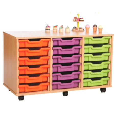 Monarch Mobile Classroom Triple Bay Storage Unit - Beech with 18 Single Trays