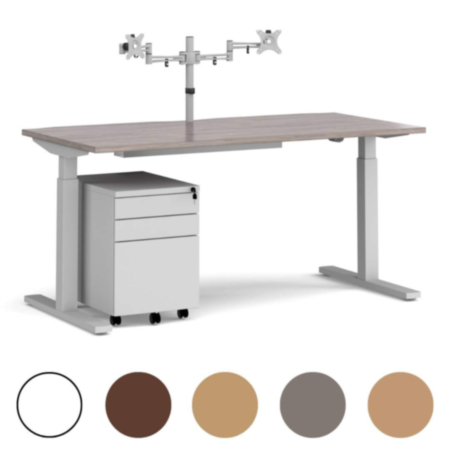 Elev8 Mono Straight Sit-Stand Desk Silver Frame, with Matching Double Monitor Arm, Steel Pedestal and Cable Tray