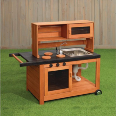 Outdoor Mobile Wooden Play Kitchen with Working Pump