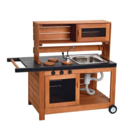 Outdoor Mobile Wooden Play Kitchen with Working Pump