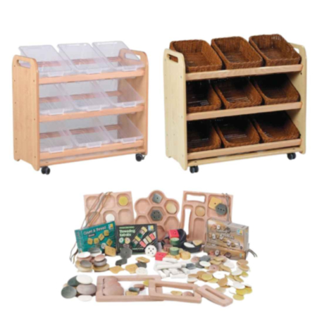Millhouse Mobile Wooden Tilt Tote Storage Trolley with Loose Counting &amp; Sorting Parts Kit