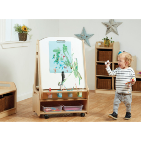 Millhouse Early Years Wooden Double-Sided White Board Easel with Low Storage Trolley - 2 Person 