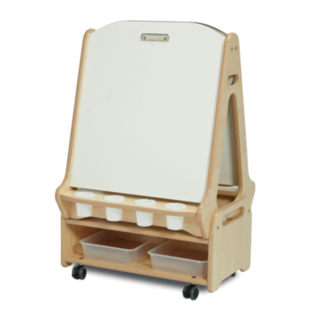 Millhouse Early Years Wooden Double-Sided White Board Easel with Low Storage Trolley - 2 Person 