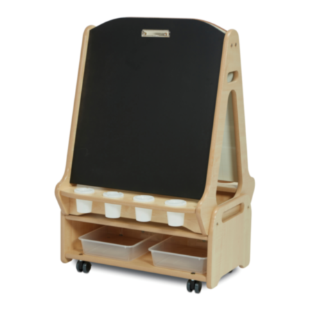 Millhouse Early Years Wooden Double-Sided 2 in 1 Whiteboard and Chalkboard Easel with Low Storage Trolley - 2 Person