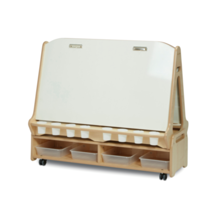 Millhouse Early Years Wooden Double-Sided 2 in 1 Whiteboard and Chalkboard Easel with Low Storage Trolley - 4 Person