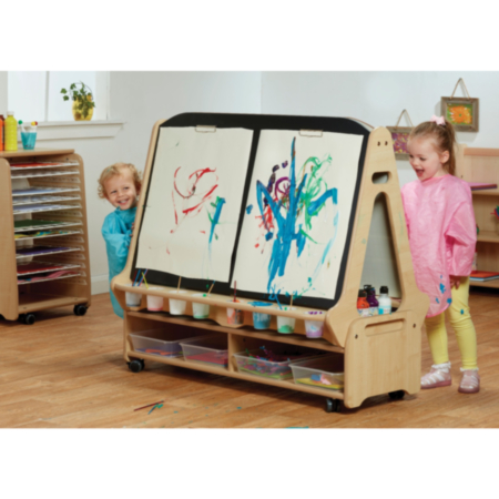 Millhouse Early Years Wooden Double-Sided 2 in 1 Whiteboard and Chalkboard Easel with Low Storage Trolley - 4 Person