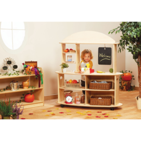 Millhouse Indoor Role Play Mobile Market Set with Double Sided Chalkboard and Storage Shelves