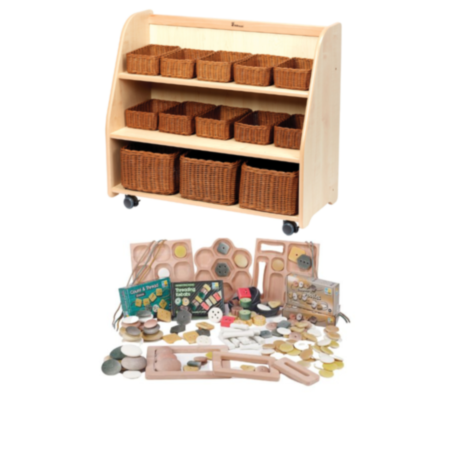 Millhouse Mobile Wooden Tiered Shelf Unit with Mirror Back and Baskets Included plus PT1145 Indoor Maths Counting Kit