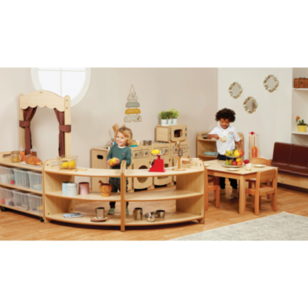 Millhouse Indoor Classroom Wooden Home Zone Role Play Area with Taupe Curtains 
