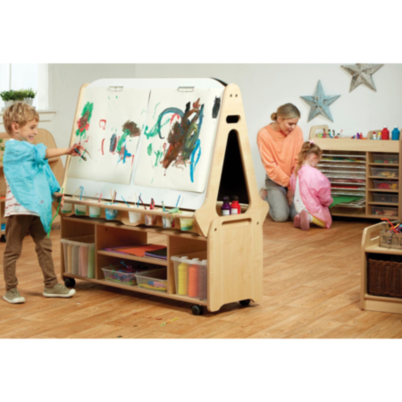 Millhouse Early Years Double Sided 4 Station Whiteboard Easel and Tall Storage Trolley