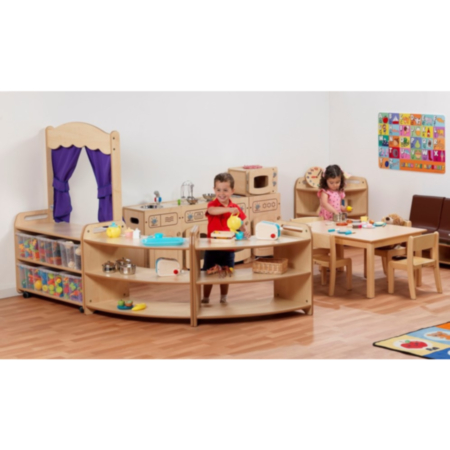 Millhouse Indoor Classroom Wooden Home Zone Role Play Area with Purple Curtains 