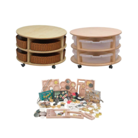 Millhouse Wooden Double Tier Mobile Circular Storage Unit and  Loose Counting &amp; Sorting Parts Kit