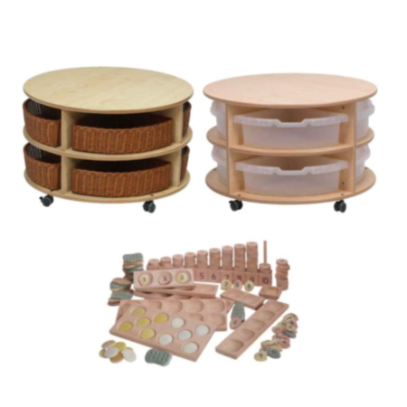 Millhouse Wooden Double Tier Mobile Circular Storage Unit and Indoor Maths Counting Kit