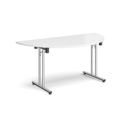 Semi Circular Folding Leg Table with Chrome Legs and Straight Foot Rails 1600mm x 800mm - White