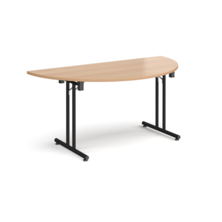 Semi Circular Folding Leg Table with Black Legs and Straight Foot Rails 1600mm x 800mm - Beech