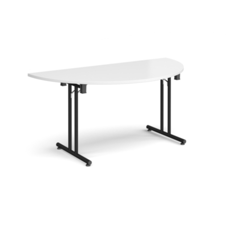 Semi Circular Folding Leg Table with Black Legs and Straight Foot Rails 1600mm x 800mm - White