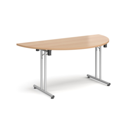Semi Circular Folding Leg Table with Silver Legs and Straight Foot Rails 1600mm x 800mm - Beech