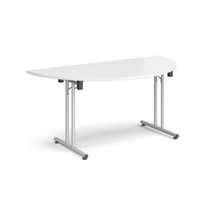 Semi Circular Folding Leg Table with Silver Legs and Straight Foot Rails 1600mm x 800mm - White