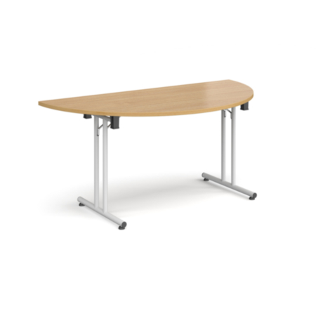 Semi Circular Folding Leg Table with White Legs and Straight Foot Rails 1600mm x 800mm - Oak