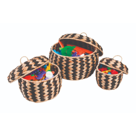 Indoor Round Storage Woven Zebra Striped Basket Pots-Set of 3