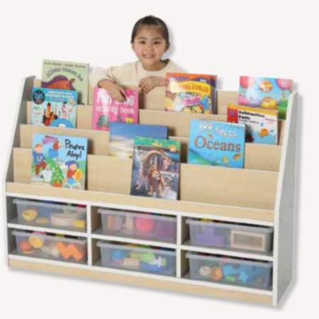 Thrifty 6 Compartment Wooden Grey Front Facing Bookcase with Trays